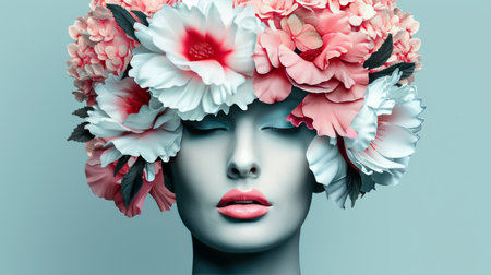 Beauty Portrait of a Young Woman with a Floral Crown. Studio Shot on a Blue Background.の素材