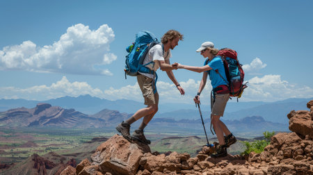 Hiker Couple Assisting Each Other, Reaching Mountain Summit Together, TeamworkSupport Conceptの素材