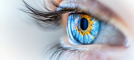 Close-up of a Blue Eye with Long Lashes, Highlighting Intricate Detail and Stunning Colors.の素材