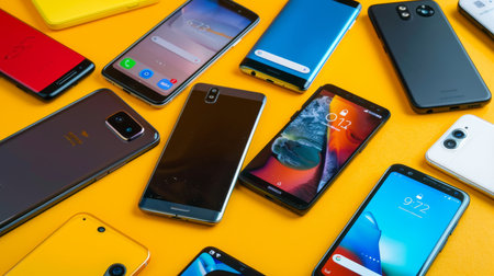 Modern Mobile Phones Collection, Latest Smartphones Designs on Vibrant Yellow Backgroundの素材