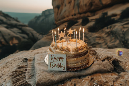 Birthday Cake with Burning Candles Surrounded by Stars on a Rock Overlooking a Valleyの素材