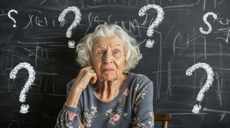 Confused Senior Woman With Question Marks On Chalkboard, Learning Concept For Elderlyの素材