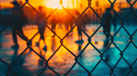 Silhouette, Of People Ice Skating Behind A Chain Link Fence With Golden Sunset , Winter Funの素材