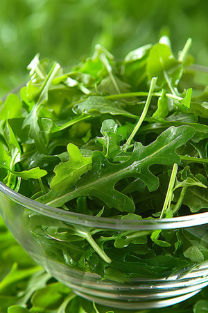 Fresh, Vibrant Arugula, Eruca Sativa, Garden Rocket Salad Greens Heap In Glass Bowl On The Table.の素材