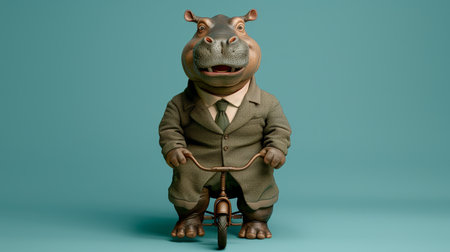 Smiling Hippo Businessman on Vintage Tricycle, Isolated on Turquoise Background, Humorous Characterの素材