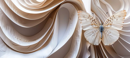 Delicate white morpho butterfly atop a soft, neutral background, creating an abstract nature scene.の素材