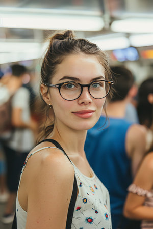 Portrait of a smiling young woman with eyeglasses in a crowded place, looking at camera.の素材