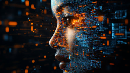 Artificial Intelligence. Digital Human Face Cyberspace. Technology, Science. 3D Illustration.の素材