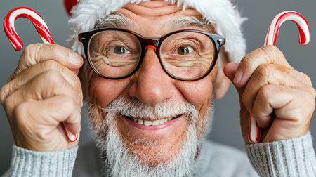 Joyful Senior Man Wearing a Santa Hat and Eyeglasses, Holds Up Candy Canes with a Big Smileの素材