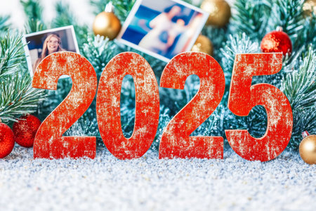 2025 New Year. Happy New Year 2025. Festive background with red numbers on snow with fir, baublesの素材