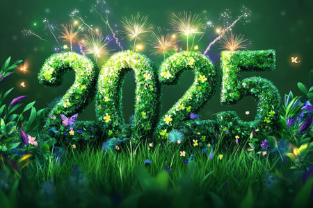 2025 New Year Celebration Concept Grass Numbers, Fireworks, and Lush Green Backgroundの素材
