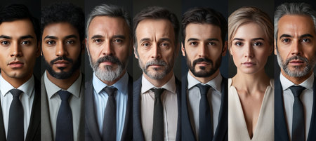 Diverse Group of Seven Serious Business Professionals, Studio Portraits on Black Backgroundの素材