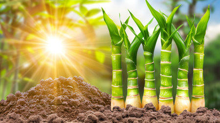 Vibrant green bamboo shoot emerging from ground in simple, clean image, symbolizing natural growthの素材