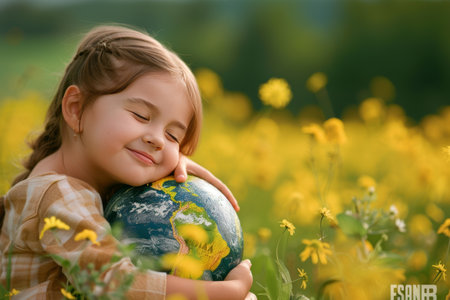 Little Girl, Big Love Child Embraces Globe in Field of Flowers, Symbolizing Environmental Careの素材