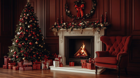 Christmas Living Room. Cozy Interior with Fireplace, Christmas Tree, Gifts, Red Armchair, Garlandの素材