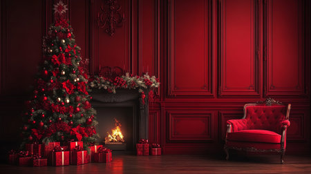 Christmas Interior. Christmas tree, fireplace, gifts, armchair on red wall background.の素材