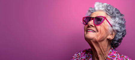 Stylish Senior Woman with Pink Sunglasses on Pink Background, Portrait of a Fashionable Elderly Ladyの素材