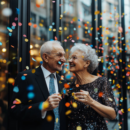 Celebrating Love and Laughter Senior Couple Shares Joyful Moment Amidst Confetti Showerの素材