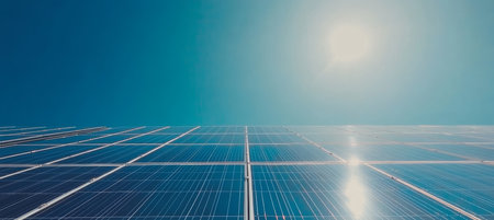 Sun Reflecting on Solar Panel Grid, Renewable Clean Energy Future, Environmental Sustainabilityの素材