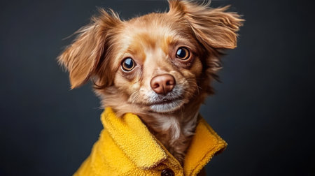 Portrait of a Cute, Long-Haired Small Dog Wearing a Yellow Jacket, Isolated on a Dark Backgroundの素材
