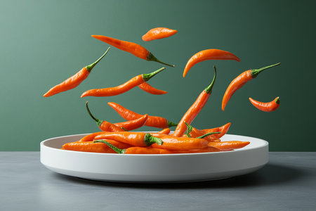 Fresh Orange Chili Peppers Falling Into White Bowl, Green Background, Food Levitationの素材