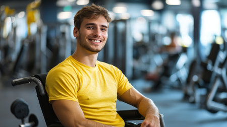 Portrait of a Smiling Man in Wheelchair at the Gym. Rehabilitation, Sports, and a Healthy Lifestyle.の素材