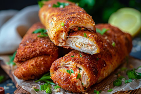 Close-up, Chicken Kievs in Breadcrumbs, Golden Perfection on Parchment, Fresh Parsley Garnishの素材