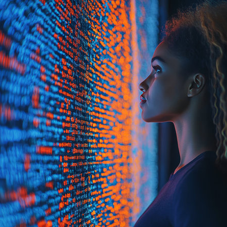 Curious Young Woman Contemplating Glowing Lines of Code on a Large Interactive Digital Displayの素材