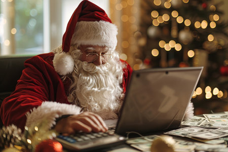 Santa Claus Working on Laptop, Checking Christmas Budget Near Festive Tree. Holiday Preparationsの素材