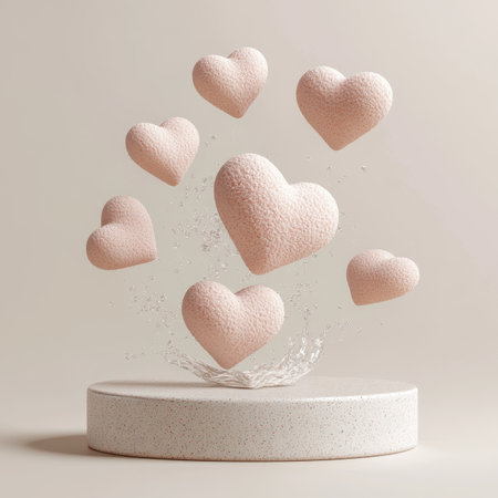Seven Fluffy Hearts Floating Above a Classic White Podium on a Minimalistic Pastel Backgroundの素材