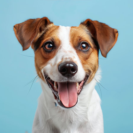 Happy, Panting Dog on Vibrant Blue Background A Close-Up Portrait of a Joyful Jack Russell Terrierの素材