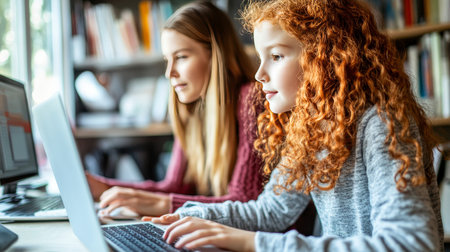 Focused Young Girls Programming on Laptops in Library, Education and Technology Conceptの素材