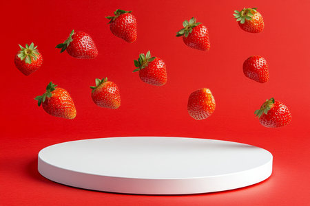 Ripe, Juicy Strawberries Suspended in Mid-Air Above a White Round Podium on a Vibrant Red Backgroundの素材