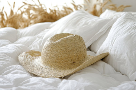 Wide-Brimmed Straw Sun Hat on Comfortable White Bedding. Perfect for Dreams of Relaxing Summer Days.の素材