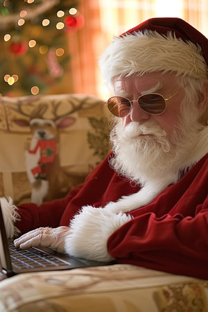 Modern Santa Claus Checking His List On Laptop, Christmas Spirit, Holiday Cheer, Festive Atmosphereの素材