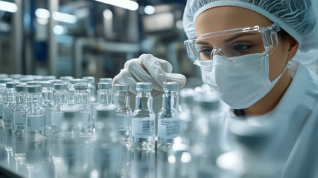 Scientist in Mask and Gloves Examining Vial With Solution, Vaccine Research in Modern Laboratory.の素材