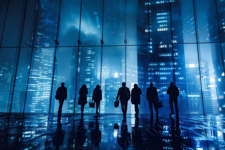 Business People Silhouetted, Standing in Office with Panoramic Cityscape View at Nightの素材