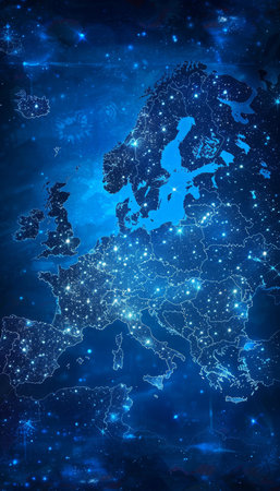 Illuminated Outline Of Europe At Night, Showing Connectivity With Stars On Blue Background.の素材