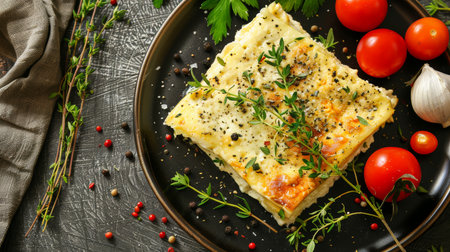 Delicious lasagna served on black plate with tomatoes, garlic and herbs. Italian cuisine dish.の素材