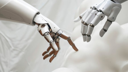 Two Robot Hands Touching Fingers on White Background, Technological Connection And Collaborationの素材