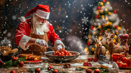 Santa Claus Cooking Christmas Dinner in a Festive Kitchen, Spreading Holiday Magic and Cheerの素材