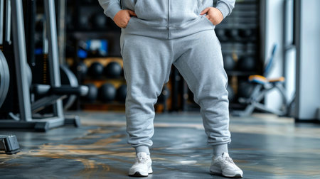 Unrecognizable Person in Gray Sweatsuit Standing in a Gym Ready for Weight Training Exerciseの素材