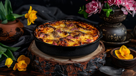 Delicious Fig Dessert Baked with Cheese, Served in Rustic Pan on Wooden Stand. Spring Flowers Decorの素材