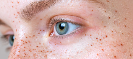 Close-up of a Young Caucasian Womans Eye with Freckles, Showcasing Natural Beauty and Skincareの素材