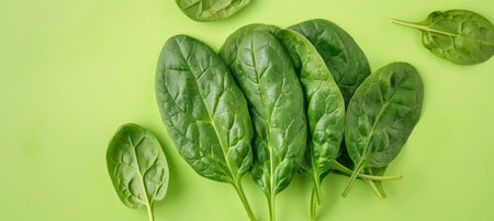 Fresh Spinach Leaves on Green, Healthy Eating, Food Photography, Minimalist Style, Copy Space.の素材