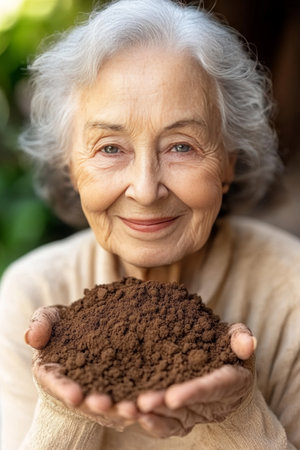 Happy Senior Woman Holding Soil. Smiling Elderly Lady Gardening, Enjoying Hobby, Active Retirement.の素材