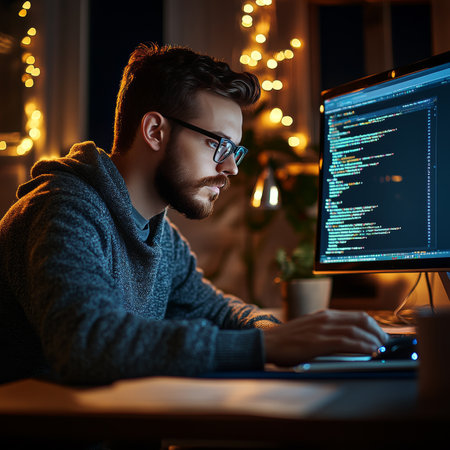 Focused Developer Working Late on Code. Programming, Technology, Startup, and Deadline Concept.の素材