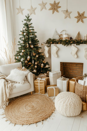 Cozy Christmas interior with a decorated fir tree, fireplace, gifts, knitted blanket.の素材