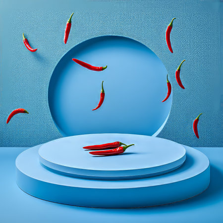 Red Chili Peppers Levitation on Blue Backdrop. Minimalistic Food Concept with Trendy Colors.の素材