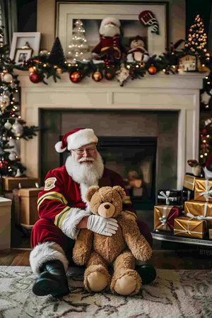 Santa Claus Posing with Teddy Bear in Front of Fireplace, Christmas Spirit and Holiday Cheerの素材